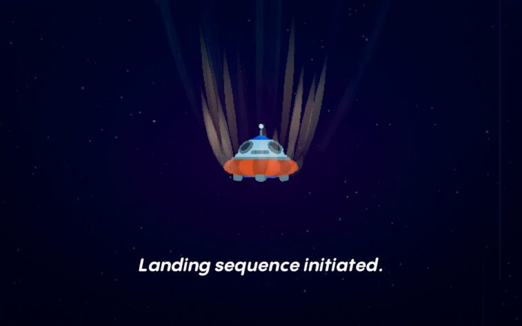 10-year Anniversary Thoughts: Over a dark background with only the faintest visible stars, a cutesy flying saucer is shown from the side, in the process of a descent. White text narrates: "Landing sequence initiated."