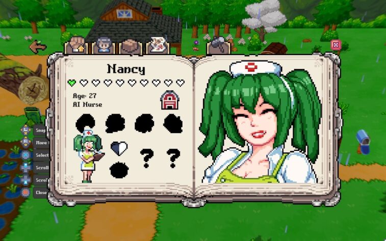 A menu is open in the foreground, designed to look like a book, with tabs across the top to view other sections. Currently being viewed is a character page about Nancy-- her smiling portrait fills the right half, while the left shows her current relationship level with the protagonist, her age, her sprite, and black icons that will reveal things she likes and dislikes. In the background, part of a farm can be seen, with a house, mailbox, and crops, in the rain.