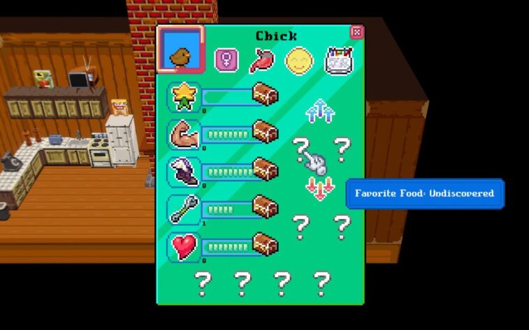 Over a background of a farmhouse interior, with visible kitchen, is a window displaying information about a chick. In Cornucopia we can check its appearance, gender, appetite, mood, and age across the top. Stat levels in various categories are below that on the left side. On the right, question mark icons are shown, where the chick's favorite and least favorite foods remain to be discovered. The bottom row of question marks will display the chick's powers, as those are unlocked.