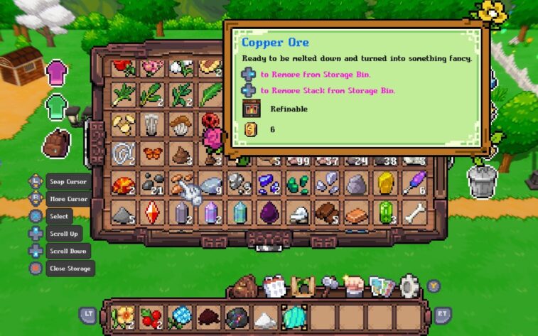 The screen is nearly filled with icons, as the inventory screen is displayed with its assorted images and pop-up and control reminders. You can see plants, mushrooms, stones, flowers, and more arranged in the navigation grid. Copper ore is highlighted, and the pop-up explains its most relevant info, such as that it can be refined in the appropriate tool, and it is worth $6.