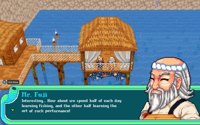 Cornucopia On a covered dock over a body of water, a man with long blonde hair and a beard is in conversation with an older bald man. In the foreground, a portrait of the older man is shown grinning, next to his speech: "Interesting... How about we spend half of each day learning fishing, and the other half learning the art of rock performance!"