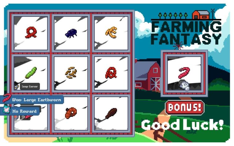 On the left side, there's a 9x9 grid of icons representing various worms and bugs, while another item box on the right displays a worm. The style is of a scratch card, with gray sections leftover on the left side boxes and a hand holding a token in progress of scratching the box on the right. "FARMING FANTASY" is the title of the card, with a "BONUS!" text below the right box, and "Good Luck!" beneath that.