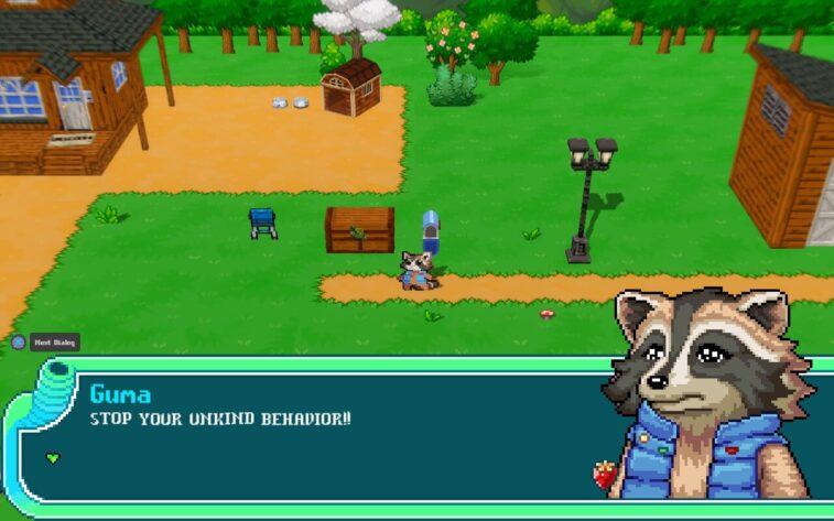 A raccoon, wearing a blue vest, stands on a path by a mailbox on a farm. The farmhouse can be seen on the left, the storage shed on the right, the doghouse is above the center. A machine and a shipping box are by the mailbox. In the foreground, a dialog box shows a displeased portrait of the raccoon, named Guma, saying "STOP YOUR UNKIND BEHAVIOR!!"