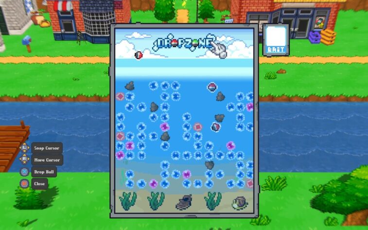 The foreground is a window with the title of "DROP ZONE". Over imagery of a cloudy sky, ocean, and ocean floor, there are bubbles and rocks scattered in the path as gravity pulls down balls from where the player lets them loose at the top of the window. Obtainable items, like seaweed and a snail, are across the bottom of the window. In the background, there's a river, a dock, and three buildings along the shoreline.