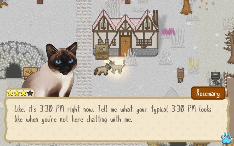 10-year Anniversary Thoughts: Two cats stand by each other in a snowy town. In the dialogue box displayed, the Persian cat named Rosemary says "Like, it's 3:30 PM right now. Tell me what your typical 3:30 PM looks like when you're not here chatting with me."