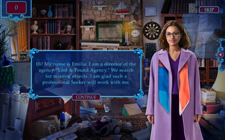 A vibrant hidden object game scene from "Lost and Found Agency Collector’s Edition" features a cluttered room filled with eclectic items such as books, globes, and a dartboard. A dialogue box introduces Emilia, a smiling woman with glasses and a colorful coat, as the director of the Lost & Found Agency. She welcomes the player, noting the agency's role in searching for missing objects and expressing her pleasure in working with a professional Seeker. The game's interactive elements include a point score counter at the top and a 'CONTINUE' button at the bottom of the dialogue box. Published on: LadiesGamers.