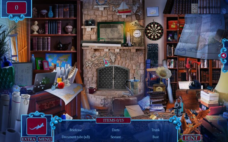 This is another intricately detailed scene from "Lost and Found Agency Collector’s Edition" displaying a hidden object challenge. The room is brimming with a diverse array of items against a backdrop of a stone wall and a fireplace. Objects of interest include a world map, rolled-up documents, an antique camera, and a dartboard. The bottom of the image features a taskbar with the 'EXTRA' and 'MENU' options, a list of items to find, such as a briefcase, darts, and a sextant, and a 'HINT' button. A score counter is at the top, and the overall ambiance hints at the adventures and puzzles awaiting in the game. Published on: LadiesGamers.