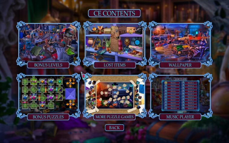 A screenshot from "Lost and Found Agency Collector’s Edition" showcases the Collector's Edition contents menu, surrounded by ornate scrollwork frames. The menu offers a variety of extra features: Bonus Levels with an image of a cluttered garage, Lost Items featuring an image of a storage room, and Wallpapers displaying a lively street scene. Additional selections include Bonus Puzzles with a colorful labyrinth design, More Puzzle Games hinting at a collection of tokens and keys, and a Music Player that lists tracks numerically for selection. A 'BACK' button is available for navigation. Each option is vividly illustrated to entice the player with the additional content available in the game. Published on: LadiesGamers.