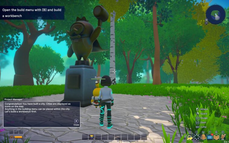 Screenshot from Omega Crafter showing a character and their buddy robot next to a statue of a bird with a hammer. The tutorial text at the top instructs to open the build menu and build a workbench. A dialogue box from the Project Manager congratulates the player on building a city and suggests starting with a workbench. The game's HUD is visible with tool icons and action commands. The setting is a peaceful clearing in a forest with sunlight filtering through the leaves of tall trees. Published on: LadiesGamers.