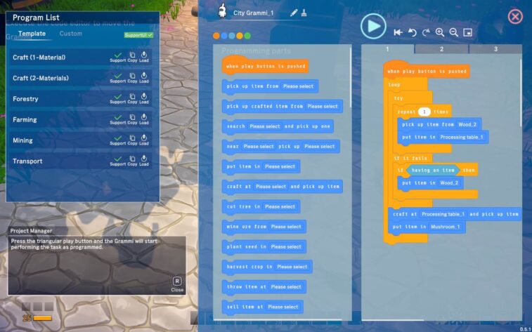 Detailed Omega Crafter interface showing a programming list for the in-game companion 'City Grammi'. The left panel displays a list of program templates like Craft, Forestry, Farming, and Transport. The center and right panels show a visual programming interface with drag-and-drop code blocks for various actions, such as picking up items, crafting, and harvesting. Instructions from the Project Manager explain how pressing the triangular play button will start the Grammi's programmed tasks. The translucent windows reveal the stone path background. Published on: LadiesGamers.