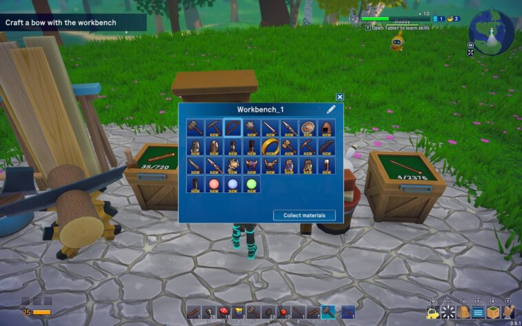 Close-up of the crafting interface in Omega Crafter, as seen from the player's perspective while interacting with a workbench. The screen shows an array of available crafting items, with a highlighted prompt to 'Craft a bow with the workbench'. The inventory slots are filled with various items and tools, each labeled 'NEW'. In the background, the game world is partially visible with green grass and pink flowers surrounding the workbench set on a stone path. The player's health bar and experience level are displayed on the bottom and top of the screen, respectively. Published on: LadiesGamers.