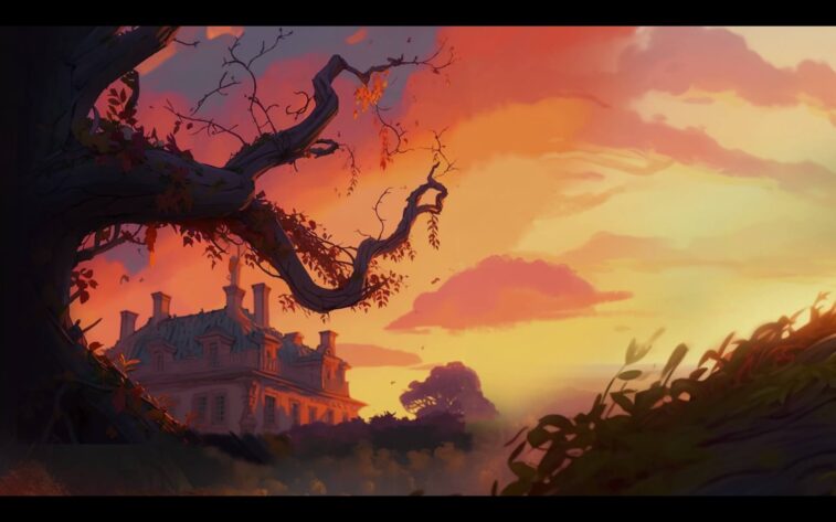 A Twisted Tale A tree with falling leaves and a sunset and a town in the background