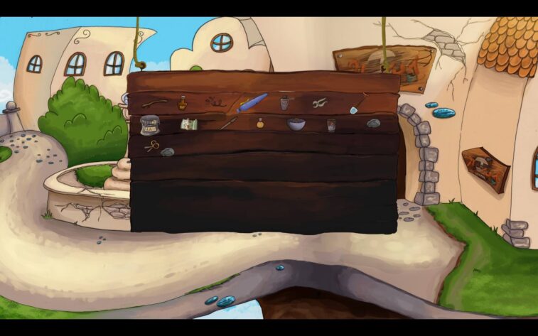 The Inventory in a Twisted Tale with various objects including broken bottle, a pen, scissors, a shovel.