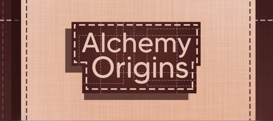 Promotional banner for the video game Alchemy Origins, featuring the game's title in stylized white lettering with a shadow effect on a patterned background that resembles aged parchment. The title is framed by dashed lines suggesting a blueprint or design schematic. Published on: LadiesGamers.