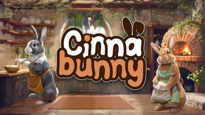 Promotional artwork for Cinnabunny, showing two anthropomorphic rabbits in a cozy, rustic kitchen setting. To the left, a grey rabbit wearing an apron stands by a wooden table, mixing ingredients in a bowl. On the right, a brown rabbit with an apron holds a towel, standing near a brick oven where a warm light glows, suggesting fresh baking in progress. Herbs and kitchen utensils line the shelves in the background, evoking a homey and inviting atmosphere. The game's logo, 'Cinnabunny,' is whimsically styled with cinnamon roll-inspired lettering and bunny ears, centered above the characters. Published on: LadiesGamers.