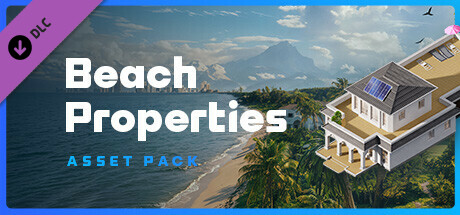 Promotional banner for 'Cities Skylines 2: Beach Properties', a downloadable content (DLC) asset pack. The image features a modern beach house with solar panels on the roof, located next to a palm-fringed beach with a clear view of the ocean and distant mountains. A seagull is flying in the sky, enhancing the coastal vibe. This asset pack likely offers players new building designs and scenery options to customize their urban landscapes with a beachfront theme. Published on: LadiesGamers.