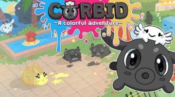 Promotional banner for 'Corbid! A Colorful Adventure' featuring a vibrant cartoon landscape. In the foreground, a large, playful black creature with a sheep-like face and horns smiles at the viewer. Various colorful creatures, including a yellow one splashing paint and a red one lounging in a pool, are scattered around a sunny farm environment with trees, a blue sky, and a whimsical house in the background. The game's logo drips with rainbow paint above the creatures, emphasizing the game's creative and artistic theme. Published on: LadiesGamers.