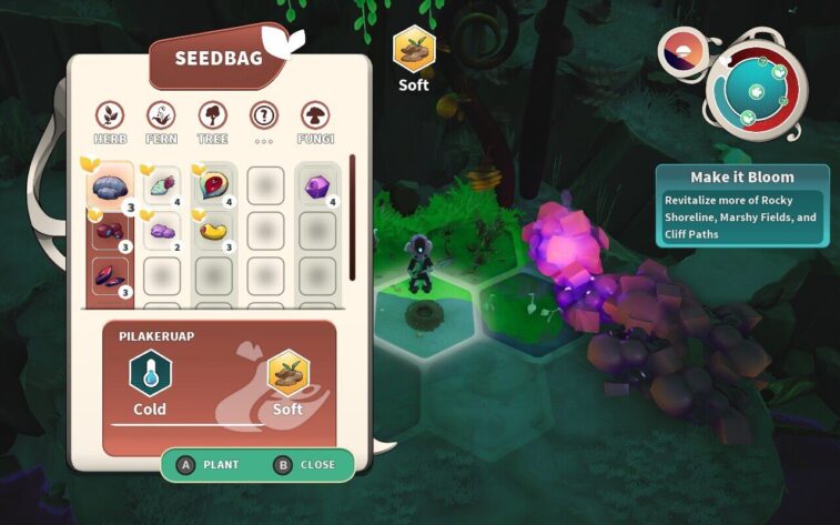 Distant Bloom presents a close-up of the in-game interface showing the 'Seedbag' inventory with various seeds categorized as Herb, Fern, Tree, and Fungi. The player's character stands on soft terrain illuminated by bioluminescent plants and a giant purple crystal structure. The same "Make it Bloom" mission is highlighted. Published on: LadiesGamers.