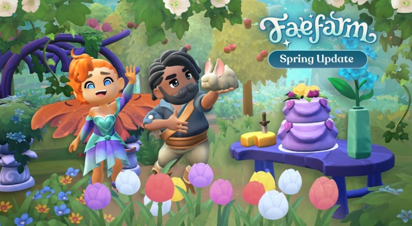 Promotional image for FaeFarm's Spring Update, featuring two 3D-animated characters in an enchanted forest setting. On the left, a fairy with orange hair, blue wings, and a green dress gestures excitedly. Beside her, a character with gray hair and dark skin gives a thumbs-up, wearing a brown vest and a leaf headband. They stand near a table displaying spring-themed items like a cake topped with a fondant flower, cheese, and a green bottle. The ground is dotted with colorful tulips and other flora. The FaeFarm logo with a 'Spring Update' tag overlays the top right. The scene is bursting with vitality and whimsical charm. Published on: LadiesGamers.