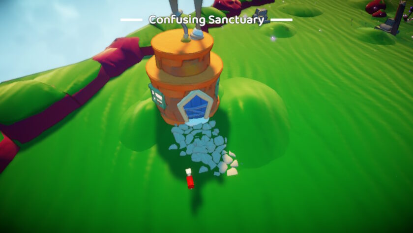 10-year Anniversary Thoughts: In the center of a grassy field with gentle hills, a round yellow house is featured, complete with a rock path and a red mailbox. The door is blue, and shaped as a whimsical pentagon. Behind, rocks and other landscaping features can be seen. The title "Confusing Sanctuary" is overlaid near the top of the image.