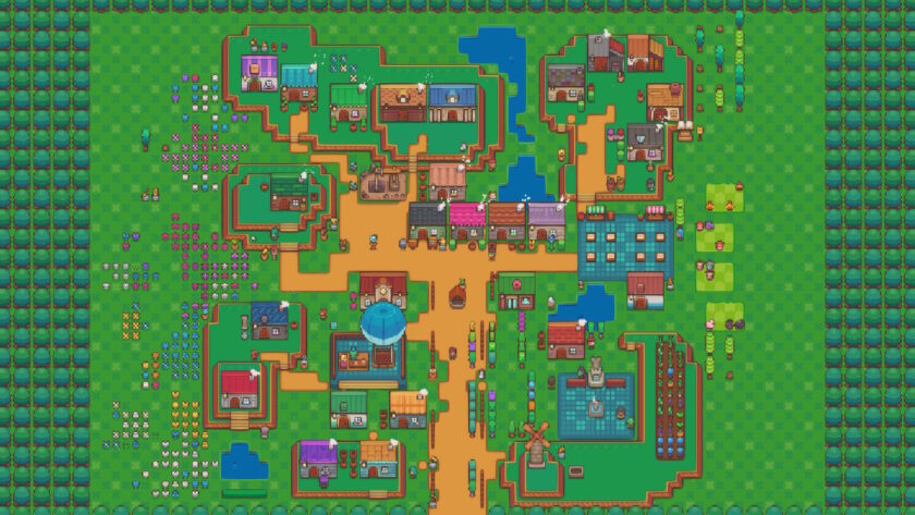 10-year Anniversary Thoughts: A top-down view of a small town, in cheery colors and a cute pixel art style. There are many houses in various colors, as well as a town plaza, a hot air balloon, a marketplace, crops, livestock, and fields of flowers.