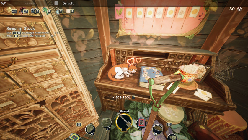 Garden Life: A Cozy Simulator A cat is on a desk with hearts floating over them.