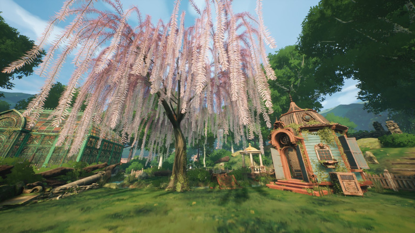 Garden Life: A Cozy Simulator A little hut is by a giant cherry blossom tree.