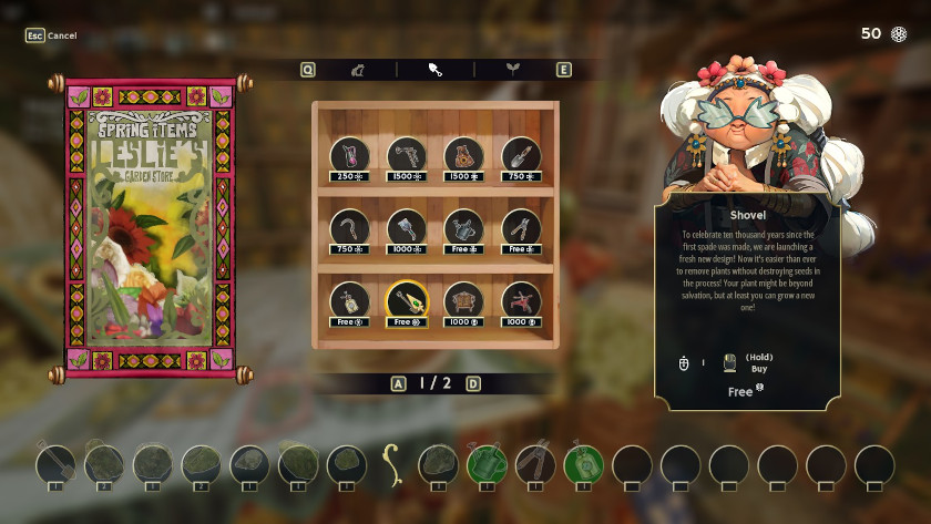 Garden Life: A Cozy Simulator A shop is selling gardening tools and seeds.