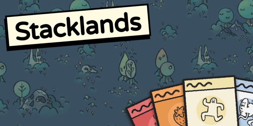 Promotional image for Stacklands, featuring a playful and cartoonish art style. The top half of the image displays the game's title in bold, white letters set against a dark blue background adorned with whimsical tree and bush illustrations. The lower half shows a series of colorful, card-like illustrations with simplistic icons, including waves, a strawberry, a puzzle piece, and a skull, hinting at the game's stacking and resource management mechanics. The playful art style conveys a lighthearted and strategic gameplay experience. Published on: LadiesGamers.