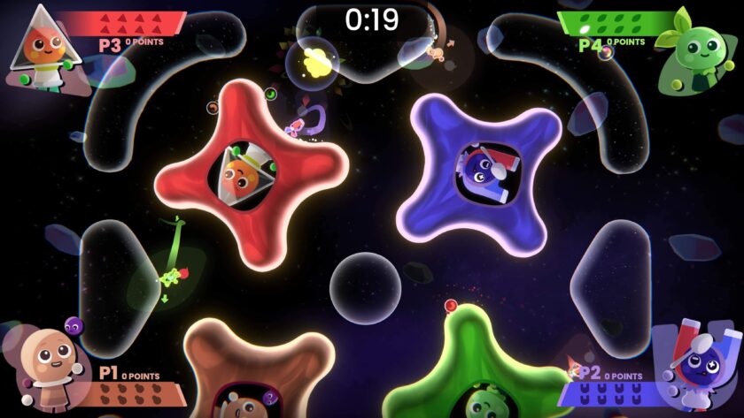 Screenshot from Which Way Up: Galaxy Games, depicting a colorful and chaotic four-player gaming scene set in outer space. Each corner of the image highlights a different player's character, represented by adorable, cartoonish creatures with unique designs and expressions. The center of the screen shows a lively mini-game where characters float in star-shaped pockets of gravity, trying to collect items while avoiding obstacles like planets and asteroids. The top center displays a countdown timer at 19 seconds, adding a sense of urgency to the gameplay. The playful visuals and engaging multiplayer setup convey a fun and competitive atmosphere. Published on: LadiesGamers