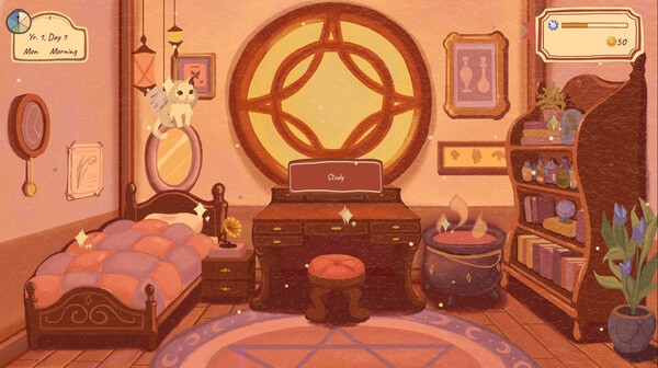 A cozy dorm room from Whimel Academy video game, showcasing a warm, morning setting. The room features a large, round window with a prominent, decorative symbol, under which sits a classic wooden writing desk labeled 'Study'. To the left, there's a comfortable bed with a tufted headboard, and a playful cat perches on a wall-mounted shelf above. The right side of the room boasts a cauldron on a hearth, a tall shelving unit filled with books and potions, and a potted plant. The soft hues and gentle lighting convey a tranquil atmosphere. In-game indicators such as the time ('Mon. Morning'), date ('Yr. 1, Day 1'), and currency ('$0') are visible in the upper corners. Published on: LadiesGamers.