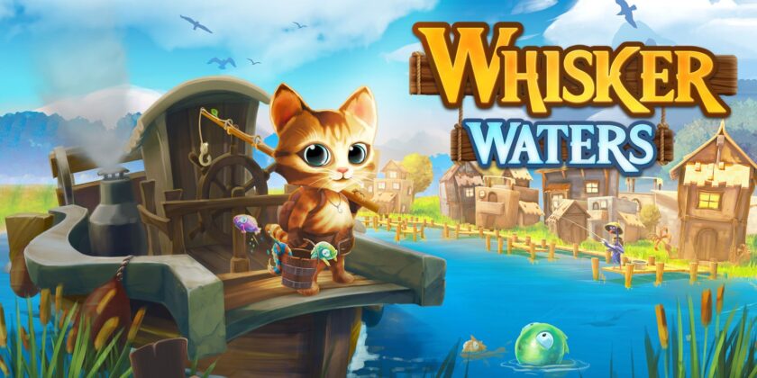 "Charming artwork for Whisker Waters, depicting a delightful anthropomorphic kitten standing on a wooden dock with a fishing rod and a bucket full of fish. The kitten, adorned with a small vest and a belt pouch, looks out at a tranquil river that flows through a rustic village. In the background, quaint houses with thatched roofs are nestled among lush greenery, while another cat character enjoys fishing on a pier. The atmosphere is serene, with a soft blue sky and gentle clouds overhead. The title 'WHISKER WATERS' is displayed in large, playful wooden lettering above, suggesting a whimsical fishing adventure in a storybook setting." Published on: LadiesGamers