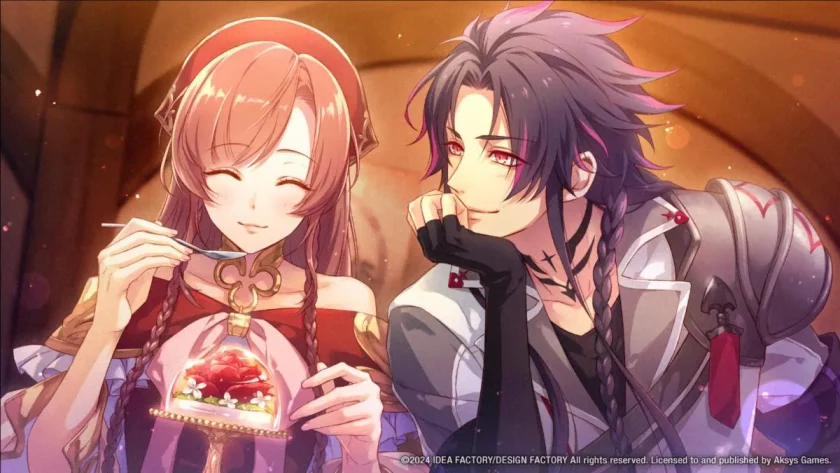 "Illustration from Radiant Tale – Fanfare, depicting two anime-style characters in a close, intimate scene. On the left, a female character with brown hair smiles contently with her eyes closed, holding a spoon near a dessert. To the right, a male character with dark hair and a knight's attire looks thoughtfully at the viewer, his chin resting on his hand. The warm, glowing background suggests a cozy, romantic setting. The image has a watermark stating ©2024 IDEA FACTORY/DESIGN FACTORY All rights reserved, licensed to and published by Aksys Games. Published on: LadiesGamers."