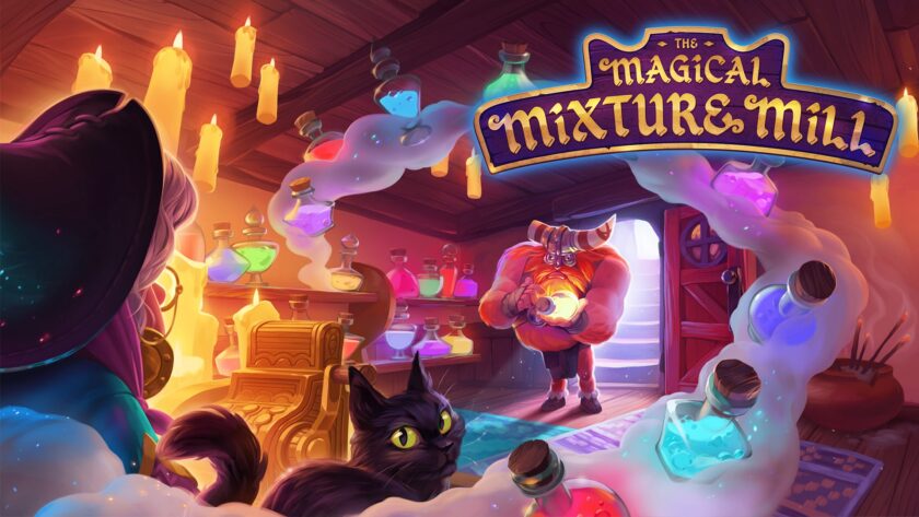 In the cozy, candlelit interior of a mystical apothecary from Magical Mixture Mill, a wizard with a starry cloak gazes intently at a potion brewing in front of them. To their right, a muscular character with horns gently holds a glowing orb, surrounded by shelves lined with colorful potion bottles. Swirling magical vapors in shades of blue and purple connect various potions, hinting at alchemical processes at work. In the foreground, a curious black cat with bright green eyes watches the scene unfold, while more potion bottles and alchemical apparatuses are scattered across the wooden tables and floors. The game's logo floats above the scene, exuding enchantment." Published on: LadiesGamers.