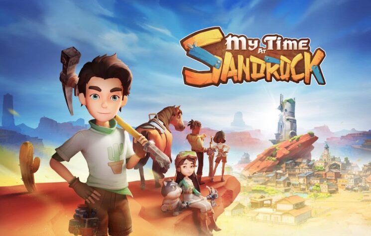 Promotional artwork for My Time at Sandrock, showcasing the game's vibrant setting and characters. A confident young male character with a pickaxe over his shoulder stands prominently in the foreground, smiling as he looks towards the viewer. Behind him, a horse and a variety of characters, including a woman with her hair in buns and a dog, are arranged in a staggered formation, hinting at their roles in the adventure. The backdrop features a sprawling desert town with windmills, rustic buildings, and rock formations under a bright blue sky. The game's logo, styled with wooden and metallic elements, hovers in the sky, conveying the game's crafting and building themes." Published on: LadiesGamers.