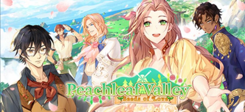 A vibrant promotional banner for the visual novel "Peachleaf Valley" featuring a diverse cast of illustrated characters against a picturesque rural backdrop. On the left, a brooding young man with black hair and glasses is in sharp focus. The center holds a radiant woman with flowing auburn hair and an inviting smile, dressed in a white outfit adorned with golden accents. To the right, a confident man with dark skin and curly hair looks on, clad in regal blue attire with golden embroidery. Behind them, a backdrop of an idyllic valley stretches out, suggesting a setting of pastoral romance and adventure. Cherry blossoms drift through the air, enhancing the sense of a serene, blooming landscape. The title "Peachleaf Valley: Seeds of Love" is prominently displayed across the bottom, capturing the game's theme of nurturing relationships. Published on: LadiesGamers.