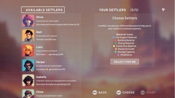Chose your settlers