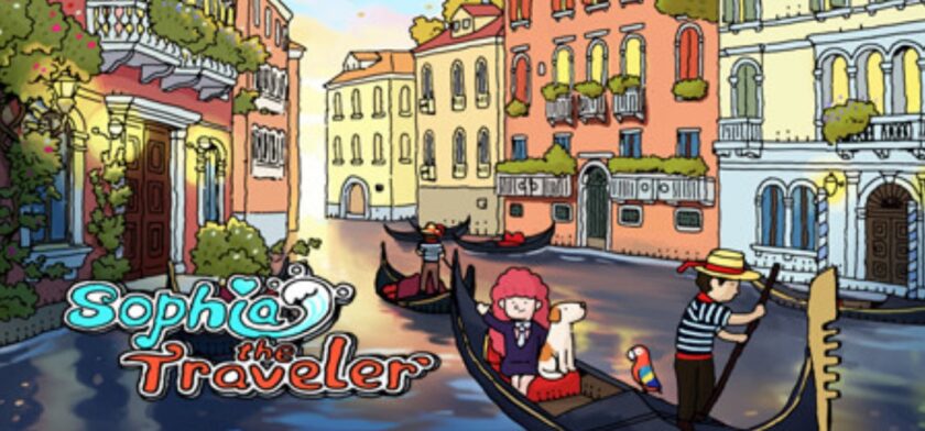 "Artwork for Sophie the Traveler set in a romanticized Venice-like canal scene. The illustration has a colorful, comic-book style, with detailed line art and vibrant coloring. A young girl with pink hair, accompanied by a white dog, sits in a gondola, being steered by a gondolier in traditional striped attire and a straw hat. The scene is framed by elegant buildings with classic Venetian architecture, adorned with flower boxes and greenery. The water reflects the clear sky and the facades of the buildings, enhancing the idyllic setting. Above the scene, the game's title 'Sophie the Traveler' is written in a playful, whimsical font." Published on: LadiesGamers