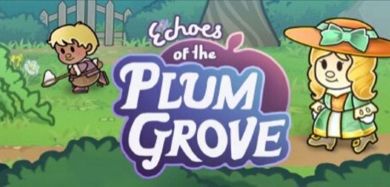 Promotional art for Echoes of the Plum Grove showcases a playful, pixelated style reminiscent of classic adventure games. On the left, a blonde character equipped with a net appears ready to catch something in a lush green setting, while on the right, a character wearing a wide-brimmed hat and a green dress stands with a smile. Between them, the game's title 'Echoes of the Plum Grove' is written in a whimsical, bubbly purple font that stands out against the scene of a peaceful grove, hinting at exploration and discovery within a charming, pastoral world. Published on: LadiesGamers