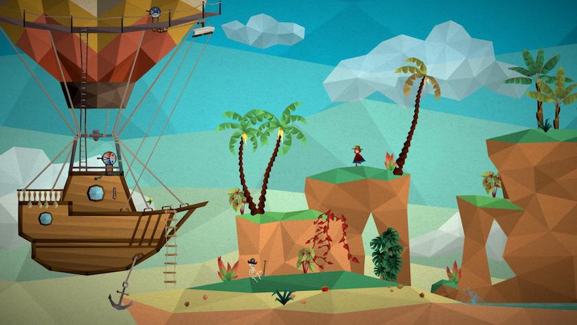 "An image from the video game Passing By: A Tailwind Journey, depicting a serene desert island scene rendered in a charming low poly art style. A wooden gondola of a hot air balloon is moored to the sandy ground with a ladder for access. The surrounding landscape features tall palm trees, lush greenery, and cacti. In the distance, a small character stands atop a precipice, overlooking the scene. The clear sky is dotted with stylized, geometric clouds, adding to the game's distinctive and tranquil atmosphere." Published on: LadiesGamers.