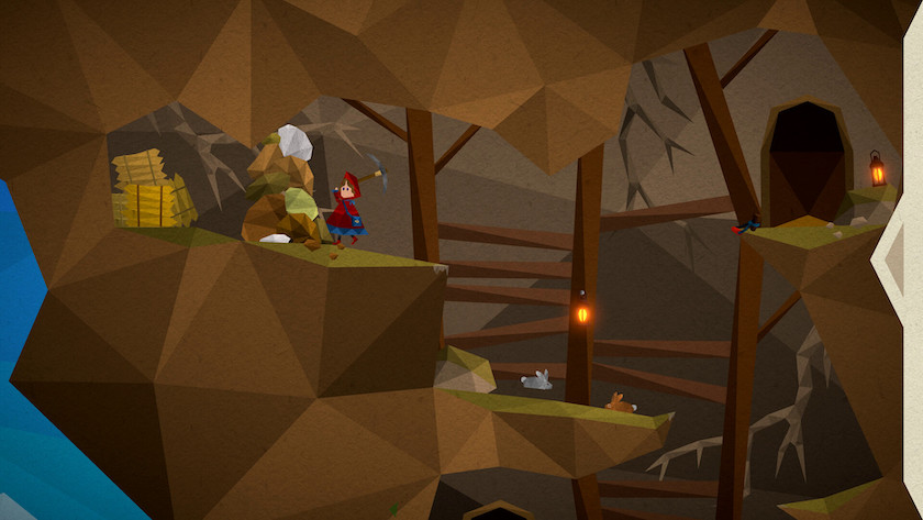"Inside a cavern from the video game Passing By: A Tailwind Journey, a character called Curly in red clothing sits on a brown, angular, low poly-style rock formation. Wooden scaffolding crisscrosses the cave interior, illuminated by the warm glow of lanterns. The cave walls are a mix of earthy tones, and various objects such as hay bales, a pickaxe, and fauna like rabbits add life and detail to the scene. The art style creates a cozy, adventurous atmosphere within the game's underground setting." Published on: LadiesGamers.