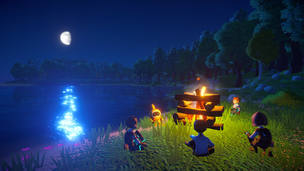 Nighttime scene in Omega Crafter with four characters seated around a blazing campfire by a tranquil lake. The moon casts a soft glow over the water, creating a reflective path of light, while the surrounding landscape is dotted with trees. The fire's warm light illuminates the characters' faces, adding a cozy ambiance to the setting. It's a moment of peaceful respite in the game, capturing the camaraderie and adventure of outdoor exploration under the night sky. Published on: LadiesGamers.