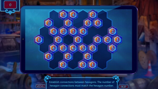 A digital puzzle from "Lost and Found Agency Collector’s Edition" displayed on a tablet within the game setting. The puzzle consists of a network of hexagons, each with a number from 1 to 4, against a glowing blue background. Players are instructed to establish connections between hexagons so that the number of connections matches the hexagon number. The interface includes a score counter in the top left corner, and 'MENU' and 'SKIP' options are accessible below the puzzle. The image suggests a minigame that requires logical thinking and strategy, enhancing the gameplay experience. Published on: LadiesGamers.