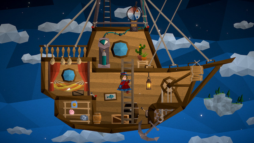 "An image from the video game Passing By: A Tailwind Journey, showing the interior of a wooden hot air balloon gondola against a night sky. The gondola has cozy furnishings, including a hammock, a small library, and potted plants. A character called Curly in red attire stands on the deck, which is equipped with a ship's wheel and a compass. Lanterns add a warm glow to the space. Floating geometric clouds and small islands are visible in the background, under a starry sky, conveying a sense of peaceful nighttime navigation." Published on: LadiesGamers.