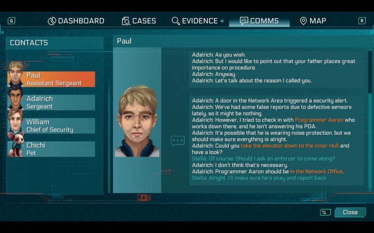 Showing the pad with all the evidence, and showing a transcript of a conversation with Paul, Stella's deputy.