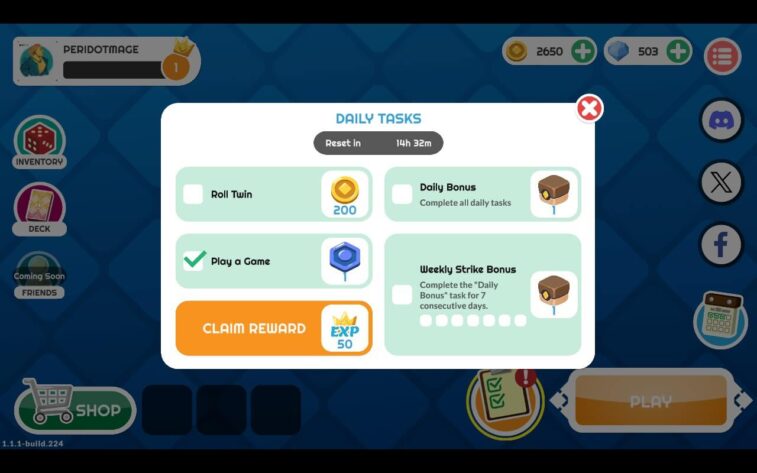 Dadoo Buttons for navigating the game surround the edges of the image, darkened a bit behind a highlighted window that displays DAILY TASKS. There are check boxes beside particular goals to accomplish.