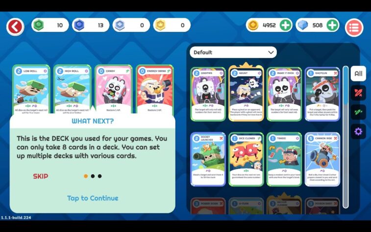 Dadoo A menu shows a group of cards on the left, and another group of cards on the right. A pop-up window from the tutorial explains that this is where you choose which eight cards from your collection will be your deck that you use in the gameplay.