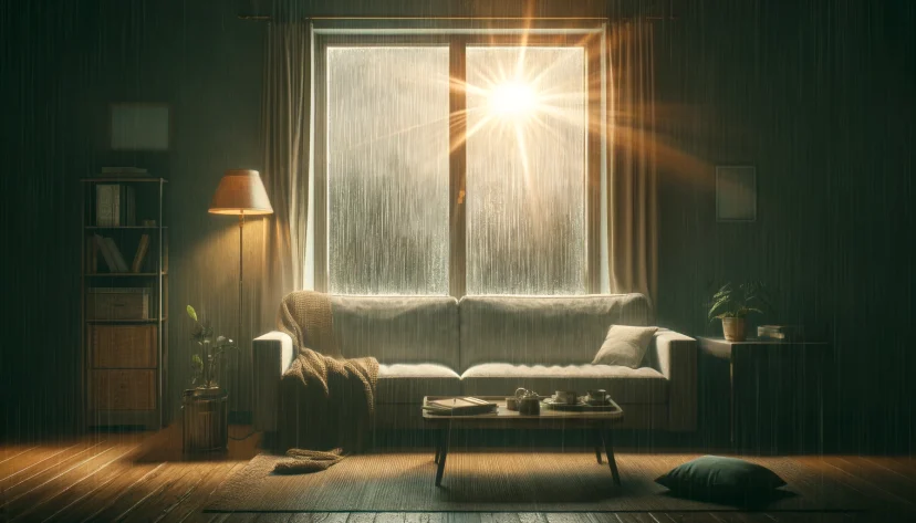 A serene in-game scene from "Partnership between Publishers and LadiesGamers," featuring a warmly lit, cozy living room interior during a heavy rain. Sunlight beams through a large, rain-streaked window, casting a glow on a plush sofa, a small bookshelf filled with books, and a coffee table with a teapot set. A knitted throw, a comfy armchair, a potted plant, and a cushion on the wooden floor add to the room’s inviting atmosphere. Published on: LadiesGamers in Publishers and LadiesGamers: A 10-Year Partnership Story..