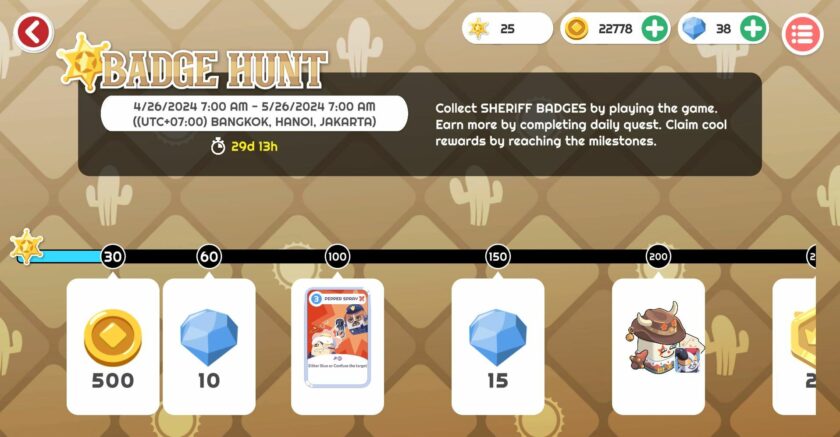 "In-game event screen from Algorocks showing the 'BADGE HUNT' event, dated April 26 to May 26, 2024. The event is set against a Western desert backdrop with cactus silhouettes. Players collect 'SHERIFF BADGES' by playing the game and completing daily quests. Milestone rewards are displayed as cards at the bottom, with increments of 30, 60, 100, 150, and 200 badges required to unlock coins, gems, and character cards, including one featuring a character with a pepper spray, and another dressed as a sheriff. The player has 25 badges, 22,778 coins, and 38 gems. The event timer indicates 29 days and 13 hours remaining." Published on: LadiesGamers.