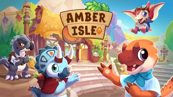 Promotional artwork for Amber Isle featuring a vibrant and colorful setting with four anthropomorphic dinosaur characters. On the left, a grey triceratops wearing a white shirt with a tie is holding a clipboard. In the center, a blue triceratops in a red bandana is cheerfully greeting a friendly orange tyrannosaurus rex dressed in a light blue shirt. Above them, to the right, a flying pterodactyl wearing a pilot's cap is descending with a smile. Behind the characters, the scene is set in a tropical village with thatched-roof huts, various prehistoric plants, and a wooden sign that reads "AMBER ISLE" in bold letters. Published on: LadiesGamers.